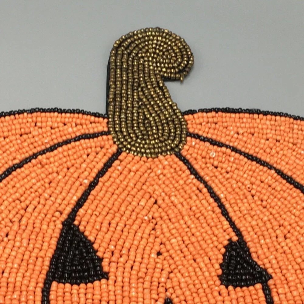 4pc Tahari Halloween Beaded Placemat Set Bat Pumpkin Spiderweb Spider Gold Black